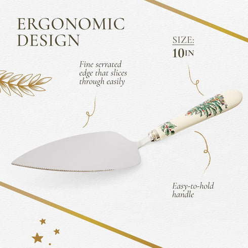 Christmas Tree Cake Server Portmeirion, 10-Inch Stainless Steel Cake Knife with Fine Porcelain Handle, Holiday Dessert
