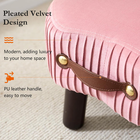 Small Ottoman Foot Rest with Handle, Velvet Footstool with Wooden Legs & Soft Padded Seat, Foot Stool for Living Room
