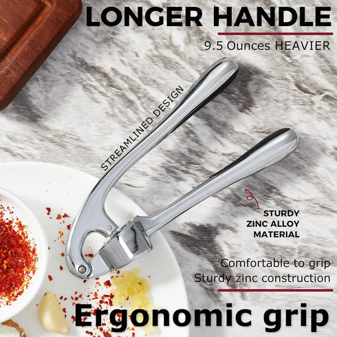 Kitessensu Premium Garlic Press Set, Heavy Duty Mincer with Silicone Peeler & Brush, Rust Proof & Dishwasher Safe -