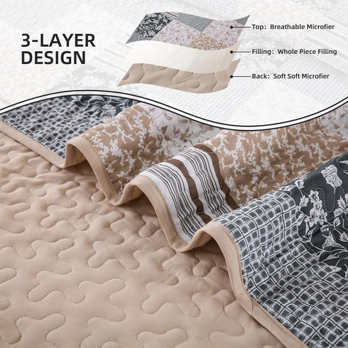 Set 3 Set, Set 90"x96" Mybedsoul Patchwork Quilt Queen Size, Pieces Blue Brown Floral Plaid Bedspread Coverlet