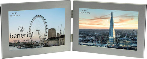 Twin 2 Picture Horizontal Double Folding Photo Frame - Brushed Aluminium Satin Silver - Takes 2 Photos of 6 x 4 inches