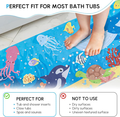 40 16 Inches, Baby Bath Mat Non Slip, Cartoon Kids Bath Mat for Tub x Non Slip Bathtub Mat with Suction Cups and Drain