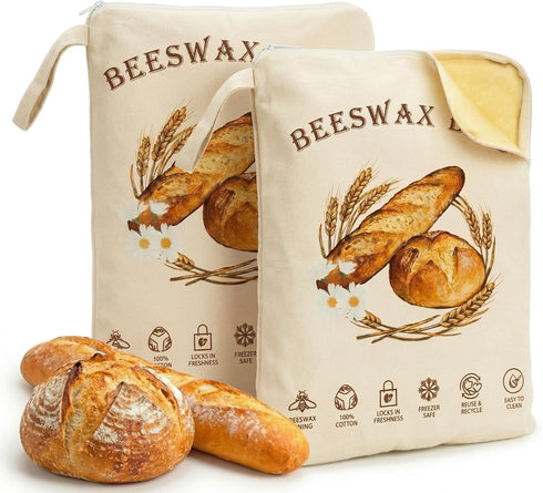 Nedsewor 2 Pack Reusable Beeswax Bread Bags for Sourdough, Cotton Bread Bag with