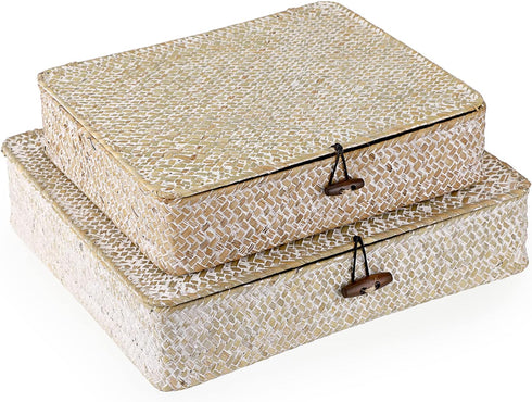 Hipiwe Set of 2 Flat Woven Wicker Storage Bins with Lid Natural Seagrass