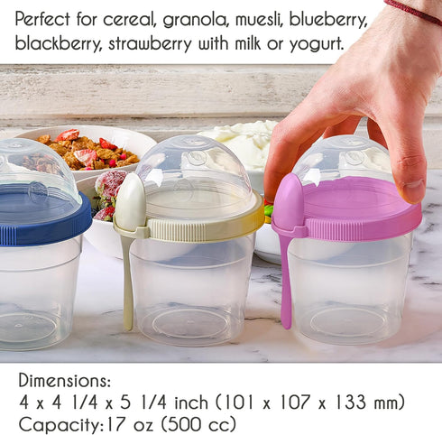 4 Pack 17 oz Crystalia On The Go Yogurt Parfait Cups with Lids, Topping Compartment & Spoons, Cereal Oatmeal Salad