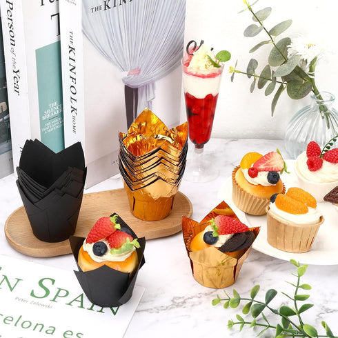 Augshy 120 Pcs Graduation Cupcake Liners, Black and Gold Tulip Aluminum Foil Baking Cups for Grad Wedding Birthday