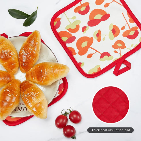 Oven Mitts and Potholders Set, 100% Cotton, Durable Heat Resistant for Kitchen, Machine Washable (3-Piece Red Flower)