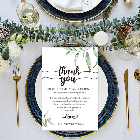 Giftideaworkshop 50 Wedding Reception Thank You Cards, Greenery Table Place Setting Cards, 4x6 inch