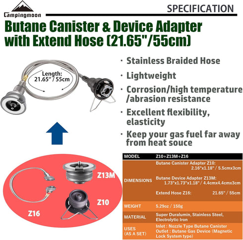 CAMPING MOON Camping Stove Adapter with Extend Hose (21.65"/55cm) for Z10/Z13M/Z16