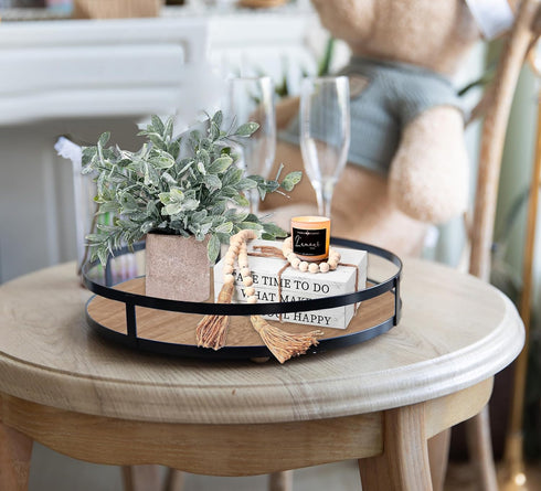 12in Defined Deco Decorative Tray-Round Serving Tray with Metal Handle-Decorative Trays for Home Decor,Living Room