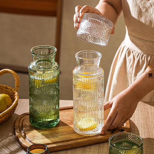 FQDGTFA 4-Piece Set 21.6 Oz 6 Oz Counter, Set Bedside Water Carafe and Glass, Glass Pitcher with Drinking Cup Lid
