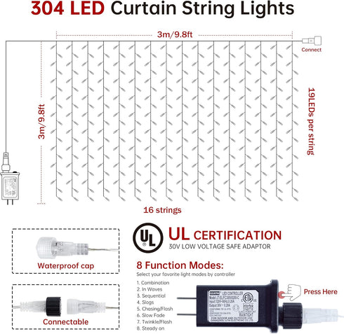 HEYFUNi 304 LED Curtain Lights Outdoor, 9.8Ft*9.8Ft Plug-in Hanging String Lights with 8 Modes for Decor