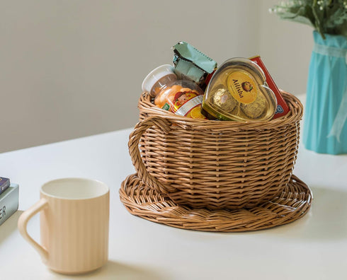 Wicker Saucer Coffee Mug Cup, Decorative Gift Basket, Desk Organizer