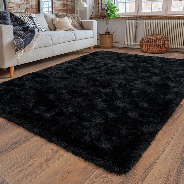 Super Fluffy Rug for Bedroom, 4x6 Feet Modern Shag Black Area Rug for Kids and Teens