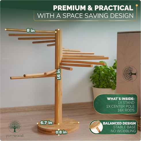 Purewood 100% Premium Collapsible Pasta Drying Rack, Wooden Noodle Dryer Stand for Fresh Pasta, Pasta Maker Accessory