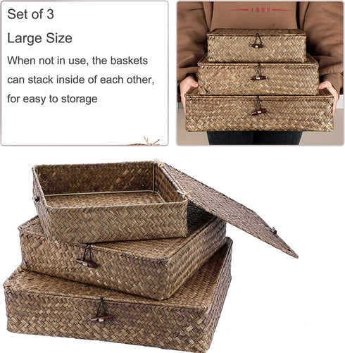 Hipiwe Flat Wicker Basket Bins with Lid - Set of 3 Handwoven Seagrass Storage Baskets, Multipurpose Home Organizer Bins