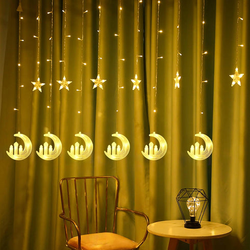 138 8 Dazzle Bright Moon Star and Fairy Tale Castle String Lights, LED Muslim Curtain Fairy String Lights, Lighting