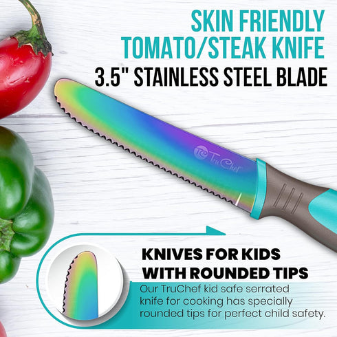 Kids Tomato Steak Knife Set (Aqua) - 2pcs, Skin Friendly Serrated Edge Stainless Steel for Real Cooking