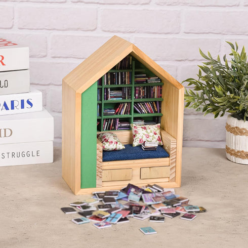 SIHPTO 300pcs Stress Relief Mini Bookshelf with Mini BooksMiniature Library Decor for Book Lovers, Stress-Relieving