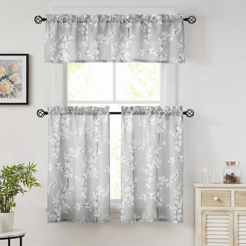 FMFUNCTEX Gray-White Kitchen Valance Curtain - 15-inch Length Blossom Print Canvas Window Top Curtain Rod Pocket, 1 Pack