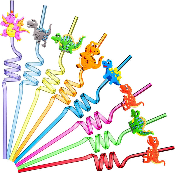Patelai 24 Pieces Reusable Dinosaur Straws, Dino Silly Fun Twisty Crazy Straws for Kids Birthday Party Favors