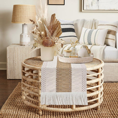 48 inches Boho Table Runner Short Long, Spring Coffee Table Cover, Brown Woven Macrame Dresser Runner Cover Top