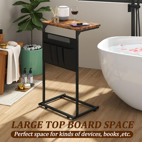 ZER-007Br C Shaped End Table, Small Side Table with Storage Bag for Couch, Sofa Table with Metal Frame for Living Room