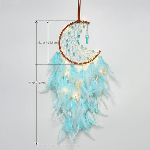 Dremisland Moon Dream Catcher - Handmade Feather Wall Hanging Ornament with Fairy Lights for Kids Bedroom Decor