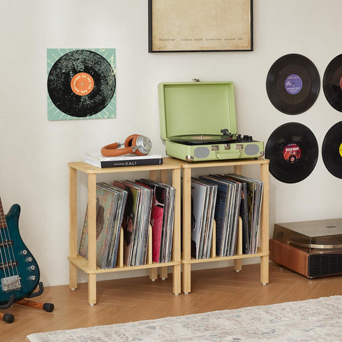 2-Tier 100 Albums, LELELINKY Bamboo Record Player Stand with Vinyl Record Storage up to Boho Bedroom Record Holder