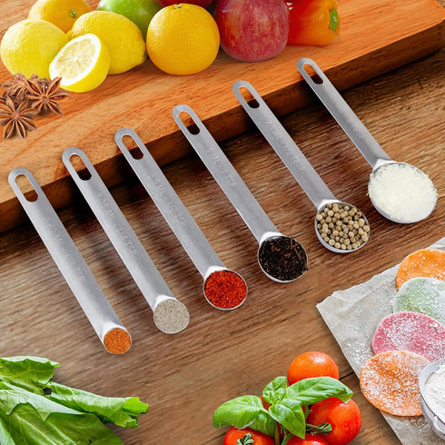 Upgrade Stainless Steel Measuring Spoons Set, 6 Pcs with Bonus Leveler, Etched Markings for Dry and Liquid, Fits Spice