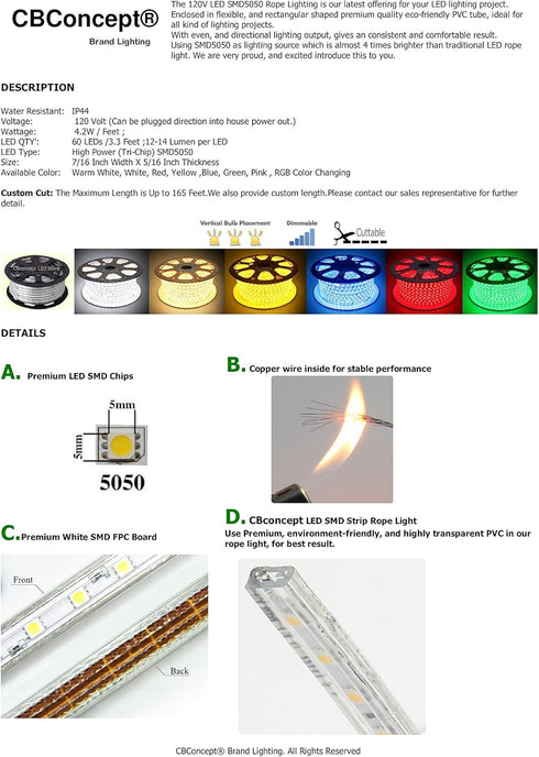 3.3 360 3000K Dimmable, 120V 60 3528 CBconcept UL Listed, Feet, Lumen, Warm White, AC Flexible Flat LED Strip Rope