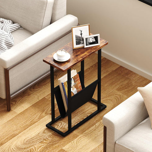 Yusong Narrow Side Table for Small Spaces, Small End Table with Magazine Holder, Skinny Slim Little Thin Table