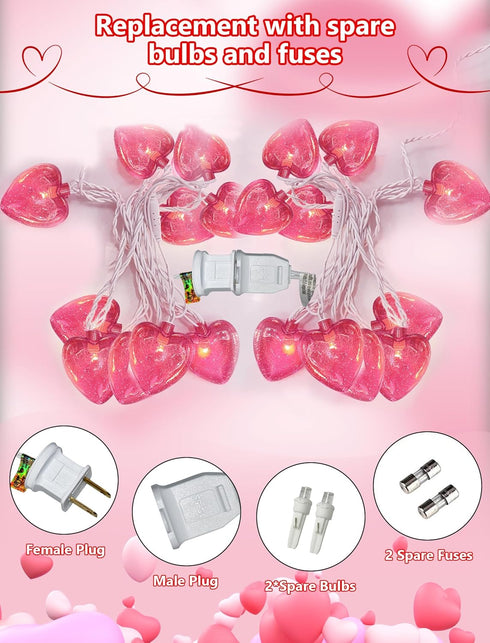 8.5FT Valentines Day Heart String Lights Plug in, Pink LED Heart Lights for Indoor Outdoor Decor, Connectable Valentine