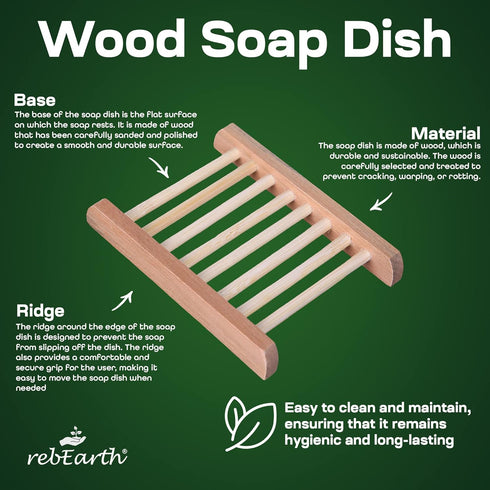 1 pack rebEarth Wood Soap Bar Dish Holder Handcrafted Stylish Square Tray | Self Draining | Keep Soap Dry | Shower