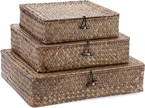 Hipiwe Flat Wicker Basket Bins with Lid - Set of 3 Handwoven Seagrass Storage Baskets, Multipurpose Home Organizer Bins