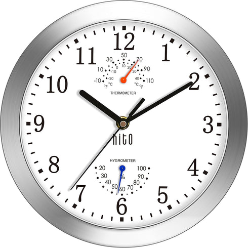 HITO 10 Inch Silent Wall Clock, Battery Operated, Non-Ticking, Glass Cover, Silver Aluminum Frame, Home Decor