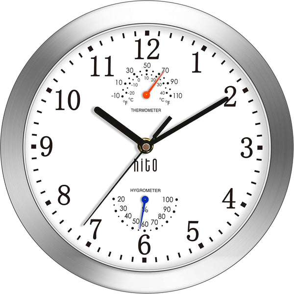 HITO 10 Inch Silent Wall Clock, Battery Operated, Non-Ticking, Glass Cover, Silver Aluminum Frame, Home Decor