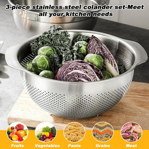 3 Set (2QT, 3QT, 5QT) Pcs Stainless Steel Colander Strainer Metal Colander for Kitchen Pasta Strainer for Rice Food