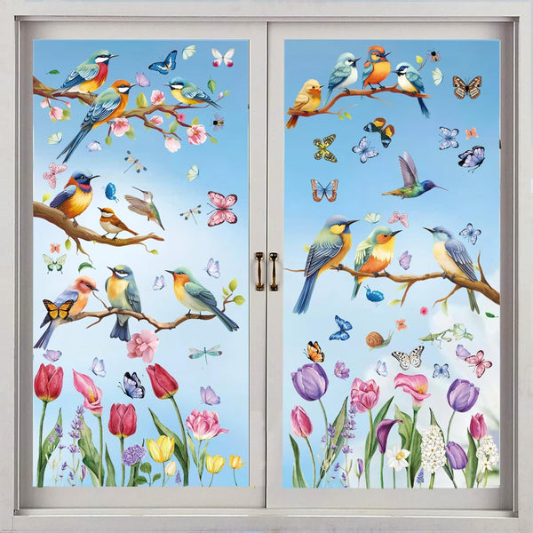 Vibrant Spring & Summer Window Clings, 78 PCS of Butterfly, Hummingbird, and Tulip Stickers for Home Decor.