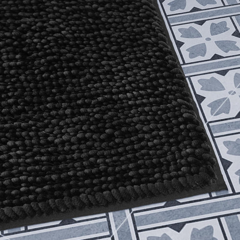 Laura Ashley Butter Chenille Bath Rug, Absorbent Shaggy Bathroom Mat, Non Slip Plush Carpet (20" x 34") Black