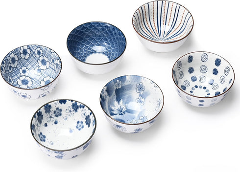 Japanese Rice Bowls Set of 6, Vintage Blue White Porcelain Cereal Bowls, Stackable, Microwaveable & Oven Safe