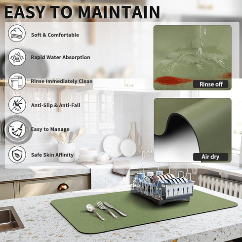 Dish Drying Mat for Kitchen Counter, Heat Resistant Non-slip Draining Mat, Super Absorbent, Easy to Clean, Green 18"x24"