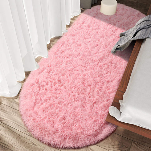 junovo Ultra Soft Washable Shaggy Rug (2.6x5.3ft Pink) - Non-Slip Oval Carpet for Kids Bedroom & Home Decor | Plush
