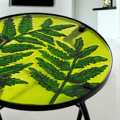 Decor10 Inch Subtropical Leaf Small Patio Table,Outdoor Side Table,Outdoor Bar Table,Metal Glass End Table for Porch