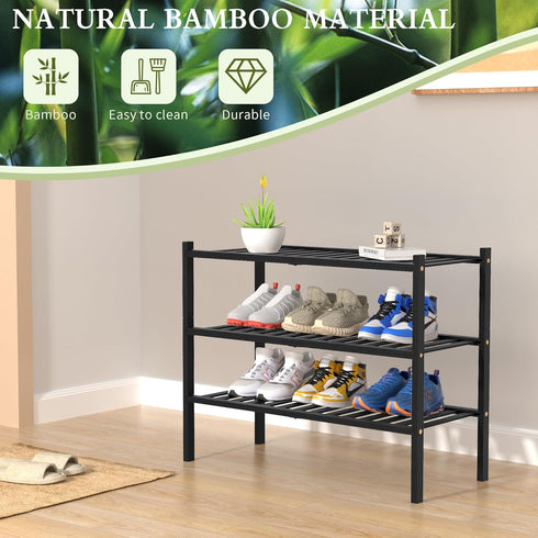 ROMGUAR CRAFT 3 Closet 27"x11"x20" Tier Bamboo Shoe Rack for Free Standing Wood Shoe Shelf Storage Organizer