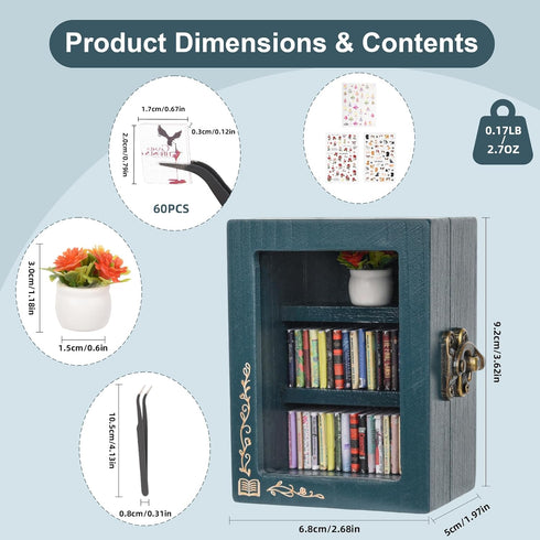 Pawnoc 60 Anxiety Bookshelf Gift, with Mini Books, Plant Flowers, and Tweezers, Shakeable Mini Library for Stress
