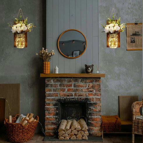 Set Lightess Wall Decor Mason Jar Sconces with Remote Control, Rustic Home Decor LED Fairy Lights with White Rose