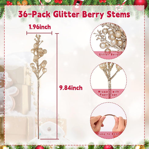 36Pcs 9.5 Inch HOHOTIME Christmas Glitter Berries Stems, Artificial Christmas Tree Picks for Christmas Tree Decorations