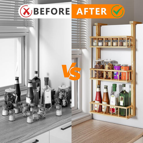 3 Counter Hanging Spice Rack for Refrigerator - Tier Bamboo Kitchen Shelf Organizer for Can Seasoning Storage, Adhesive