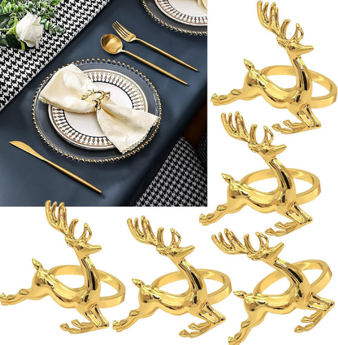 Napkin Rings Holders Set of 6, Gold Deerlet - Fall Wedding Holiday Christmas Table Decoration